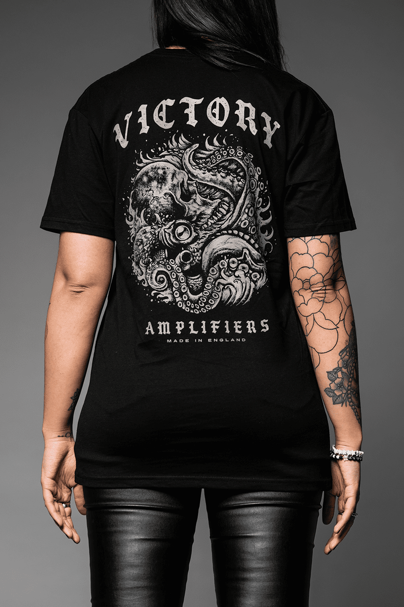 Load image into gallery viewer, VICTORY AMPPLIFIERS / THE KRAKEN SHORT-SLEEVED T-SHIRT - BLACK WITH WHITE LOGO (XL)