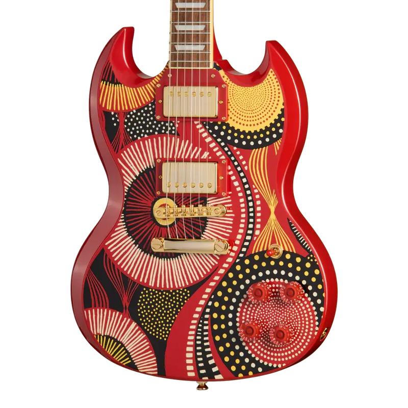 Load image into gallery viewer, Epiphone SG modèle Fatoumata Diawara (finition rouge braise avec illustration malienne, étui rigide inclus)