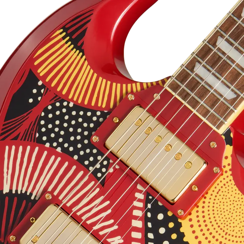 Load image into gallery viewer, Epiphone SG modèle Fatoumata Diawara (finition rouge braise avec illustration malienne, étui rigide inclus)