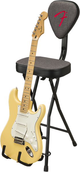 Load image into gallery viewer, Black studio chair with embroidered logo on the backrest and guitar foot support