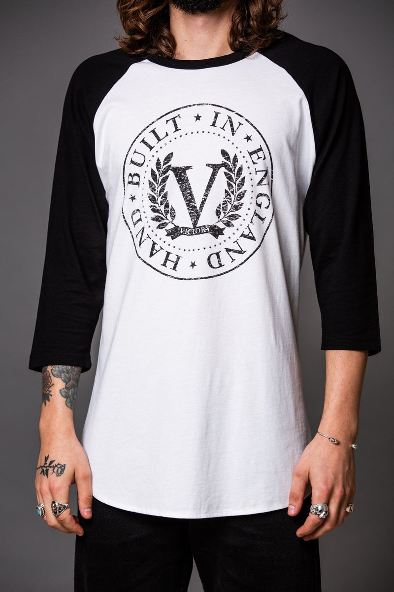 Load image into gallery viewer, VICTORY / 3/4 baseball t-shirt, Victory Logo, white with black sleeves, medium