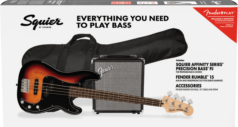 Load image into gallery viewer, starter set with 4-string electric bass &quot;AFFINITY SERIES™ PRECISION BASS® PJ PACK&quot; carrying case, Rumble 15 amplifier with accessories included
