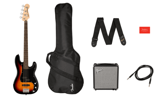 starter set with 4-string electric bass "AFFINITY SERIES™ PRECISION BASS® PJ PACK" carrying case, Rumble 15 amplifier with accessories included