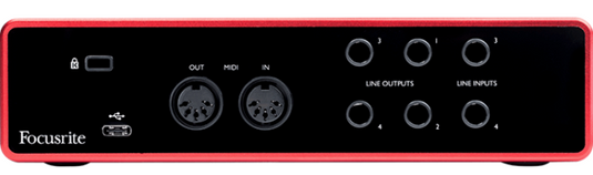 interface audio USB, 2 entrées preamp ou ligne,2 entrées ligne,4 sorties, midi i/o