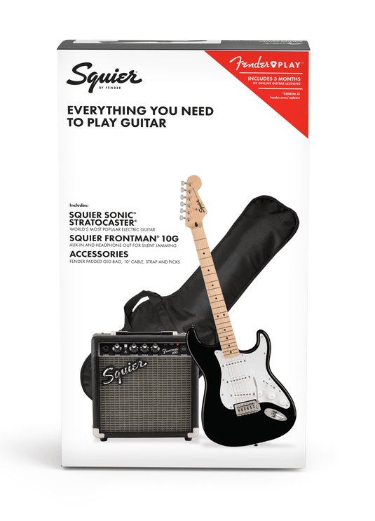 SQUIER / 037-1720-006 / Squier Sonic Stratocaster Set, Maple Fingerboard with Soft Case and 10G-120V Amp - Black