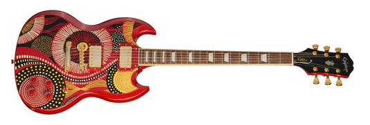 Epiphone SG modèle Fatoumata Diawara (finition rouge braise avec illustration malienne, étui rigide inclus)