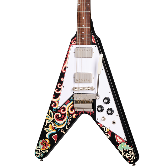 JimiHendrixTM "LoveDrops"FlyingV,Ebony avec graphismes psychédéliques  Édition Limitée avec étui rigide