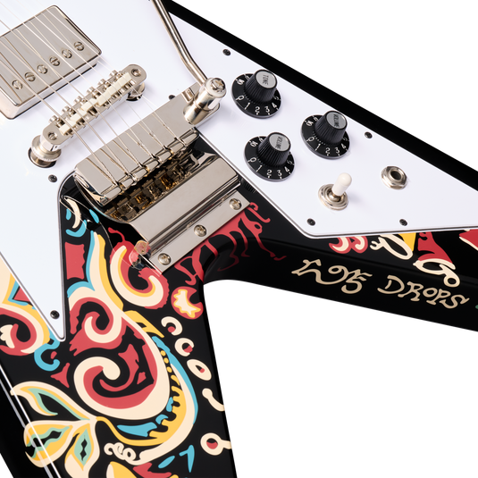 JimiHendrixTM "LoveDrops"FlyingV,Ebony avec graphismes psychédéliques  Édition Limitée avec étui rigide