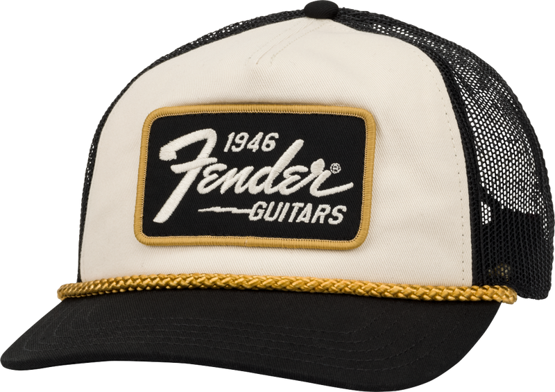 Load image into gallery viewer, Casquette avec Logo Fender 1946- Crème/Noir et décoration tressé Or
