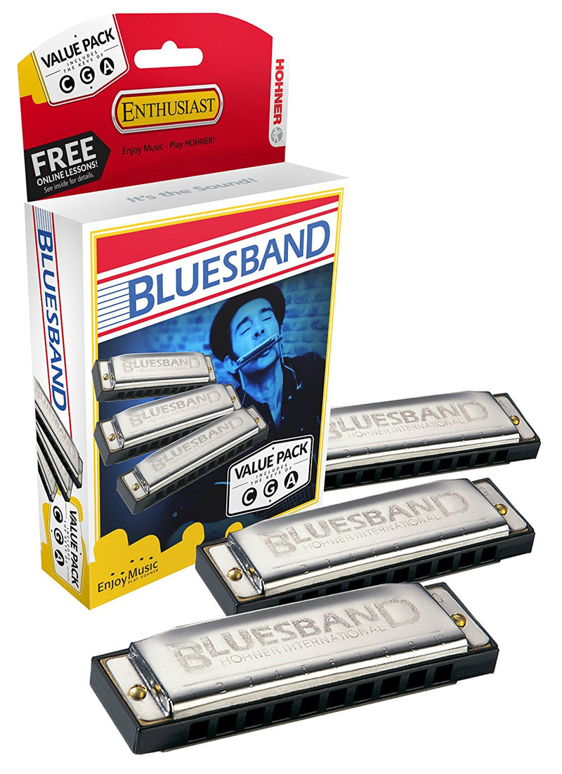 Load image into gallery viewer, Kit de départ de 3 Harmonicas Hohner Bluesband en  G, A et C
