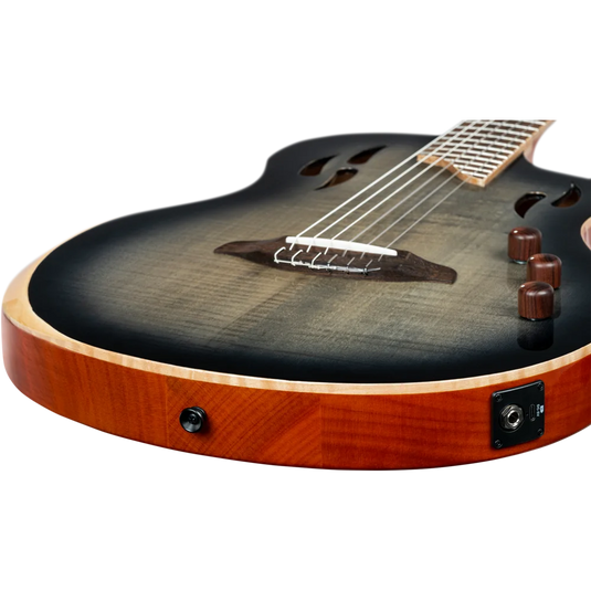 Guitare TourPlayer Series 4/4 à cordes nylon 6 cordes + housse professionnelle, finition noir éclatant,Corps Épicéa massif avec placage en érable ondé