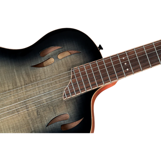Guitare TourPlayer Series 4/4 à cordes nylon 6 cordes + housse professionnelle, finition noir éclatant,Corps Épicéa massif avec placage en érable ondé