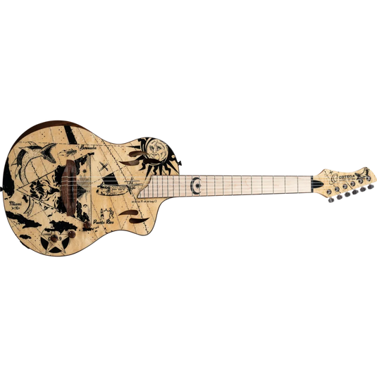 Guitare classique/électrique SÉRIE TOURPLAYER, GUITARE TAILLE NORMALISE EN OKOUMÉ MASSIF/ÉRABLE FLAMBÉ, DESIGN BERMUDA