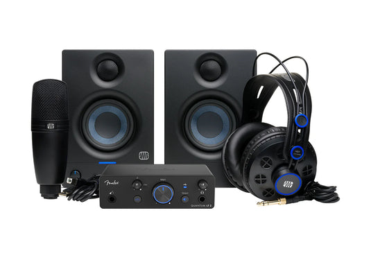 Ensemble de départ pour studio incluant : paire de moniteur, écouteurs, interface et un micro.