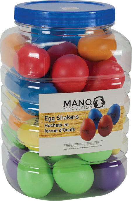 MANO PERCUSSION / MP-EGGS-J36 / Hochets en forme d’Oeufs ,(6 de chaque couleurs) Bleu 50gr, Jaune 45gr,Orange 40gr, Vert 35gr, Rouge 20 gr et Violet 25gr