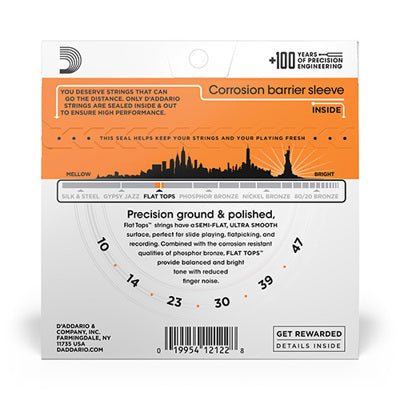 Cordes D'Addario EFT15 Flat Tops Phosphor Bronze pour guitare acoustique, Extra Light, 10 - 47 - Drummond Musique