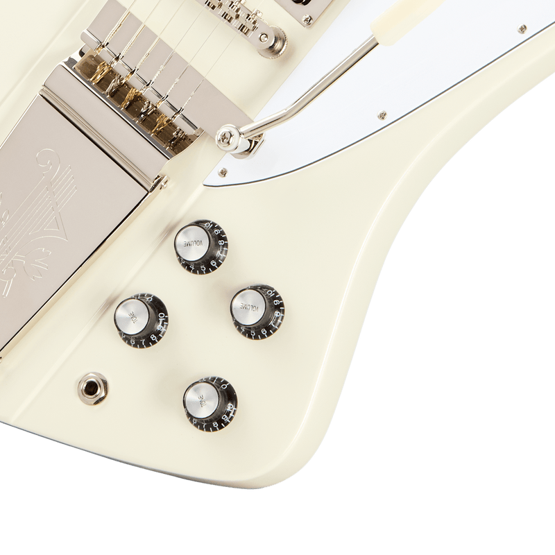 Chargez l&#39;image dans la visionneuse de la galerie, Guitare électrique Epiphone ECFVR3PWNM 1963 Firebird V, vibrato Maestro – Polaris White ,mini - humbuckers,touches en Rosewood avec étui rigide - Drummond Musique
