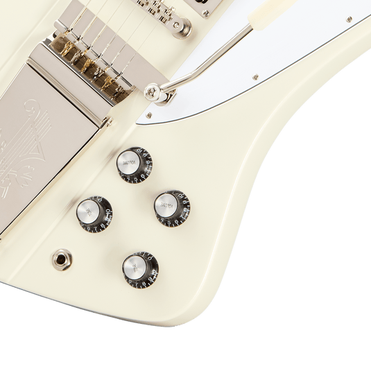 Guitare électrique Epiphone ECFVR3PWNM 1963 Firebird V, vibrato Maestro – Polaris White ,mini - humbuckers,touches en Rosewood avec étui rigide - Drummond Musique