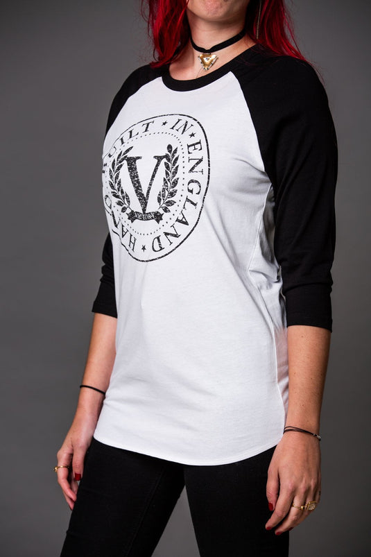 VICTORY / 3/4 baseball t-shirt, Victory Logo, white with black sleeves, medium