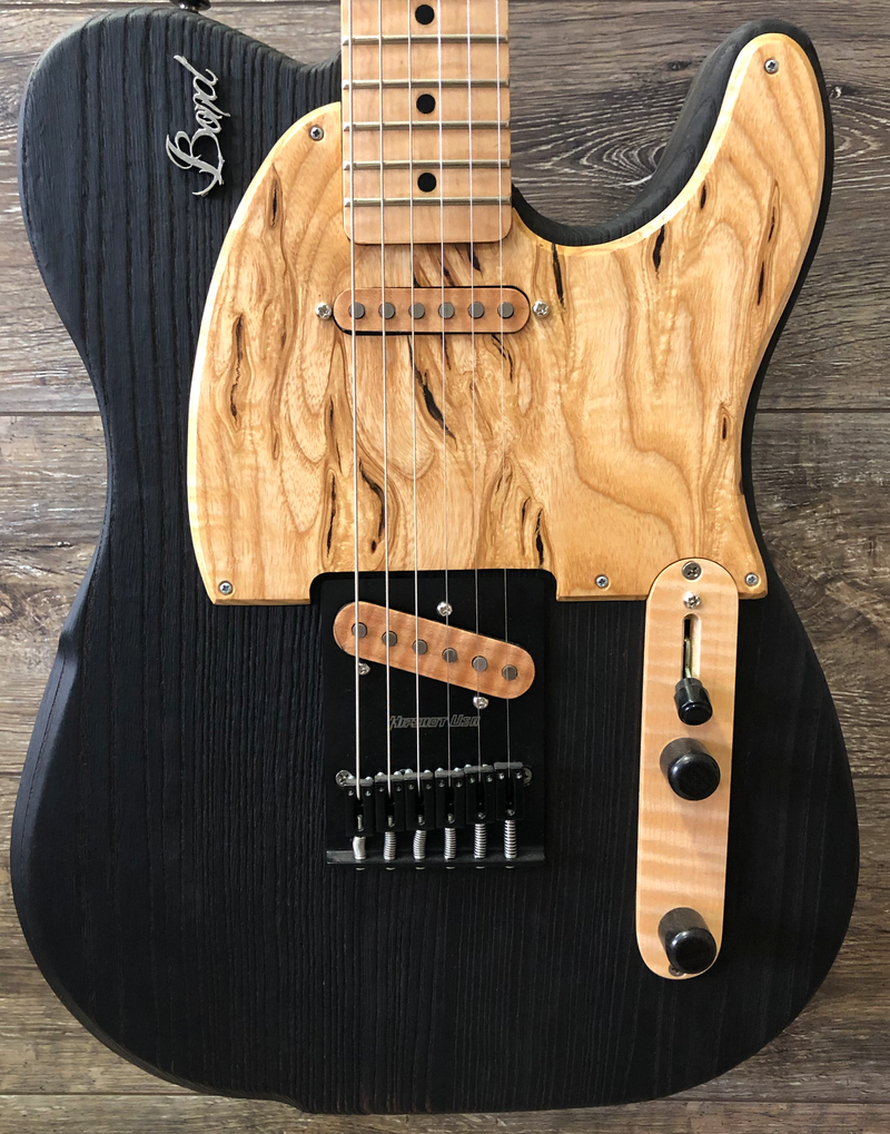 Load image into gallery viewer, Black “Telecaster” artisan electric guitar with pale wood pattern pickgard
