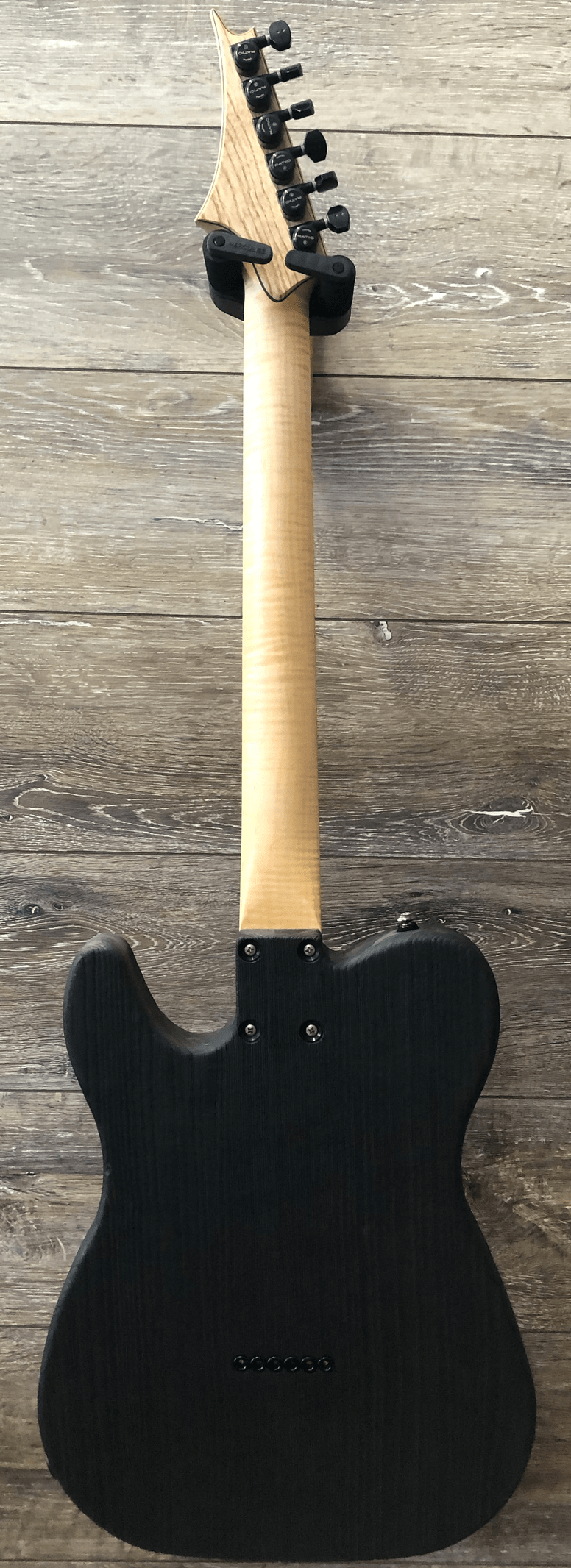 Load image into gallery viewer, Black “Telecaster” artisan electric guitar with pale wood pattern pickgard
