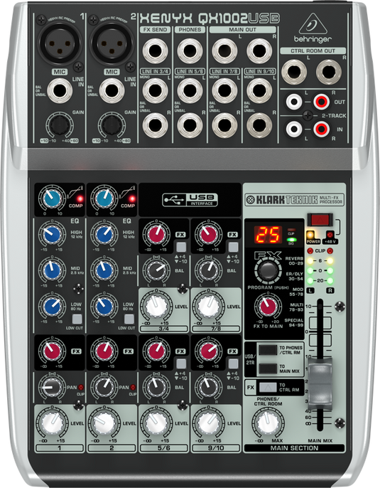 10 inputs 2 buses BUS mixer with USB audio interface and Multi-FX processor